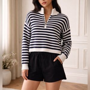 Madewell Navy White Striped Boxy Cropped Sweater French Coastal Knit